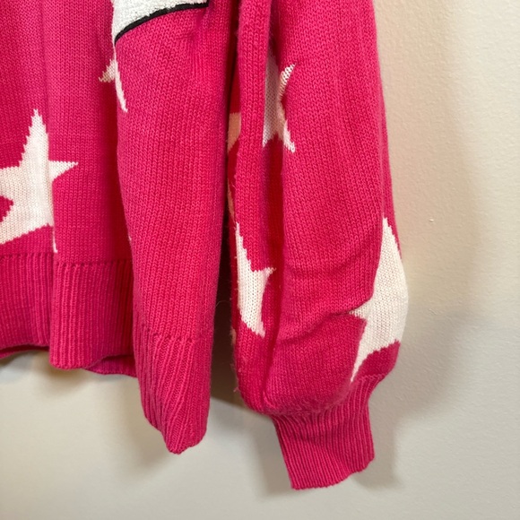 Judith March • Hot Pink MAMA Chenille Patch Star Varsity Oversized Sweater Sz M - Picture 5 of 9